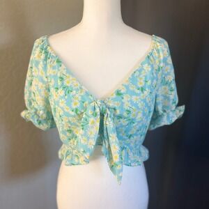 BCBGeneration Retro Floral Tie Front Crop Top Blue Daisy Small NWT